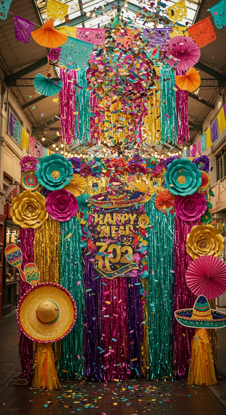 Photobooth coloré d'inspiration mexicaine avec rideaux à franges, fleurs géantes, sombreros et maracas.