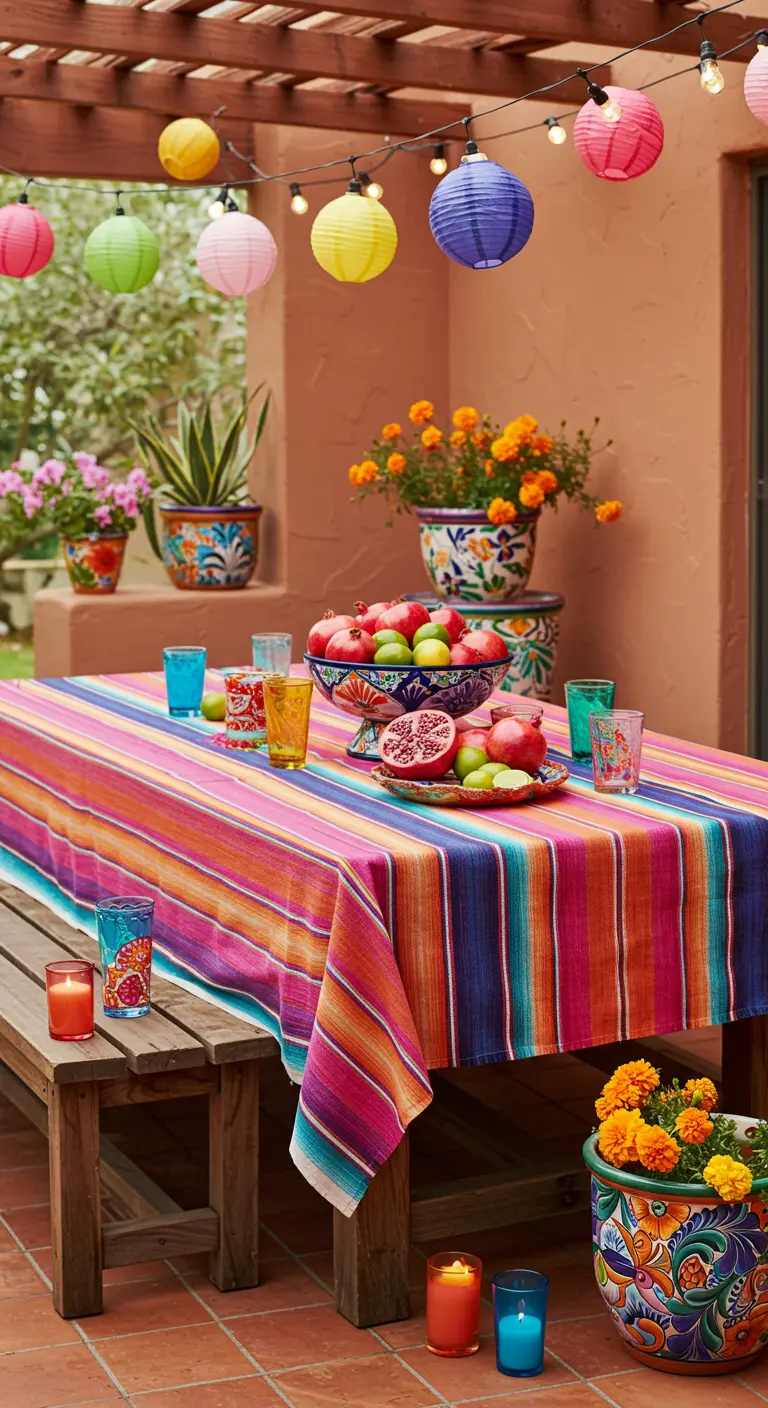 Table rayée colorée avec lanternes en papier multicolores, fruits exotiques et pots fleuris.