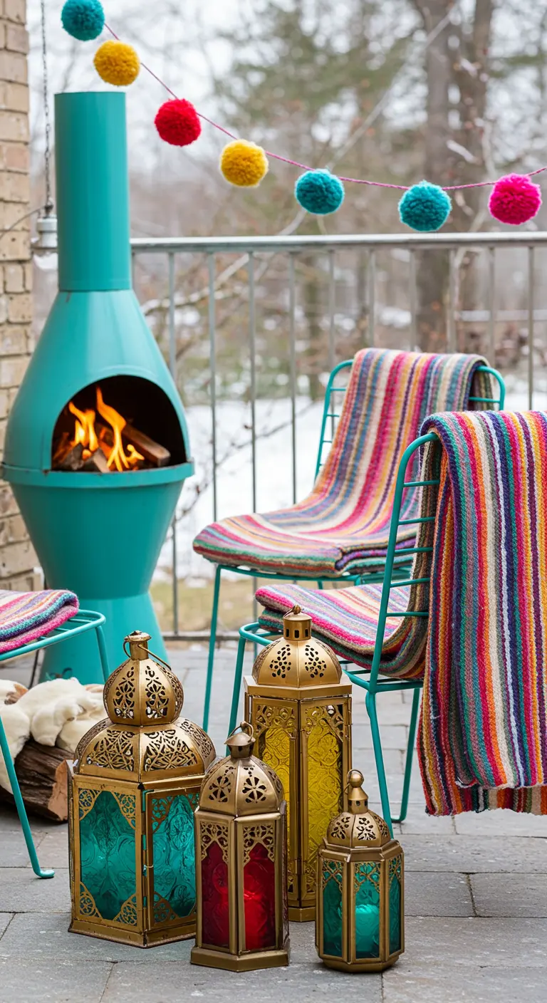 Terrasse colorée avec un poêle turquoise, des chaises et des plaids multicolores.