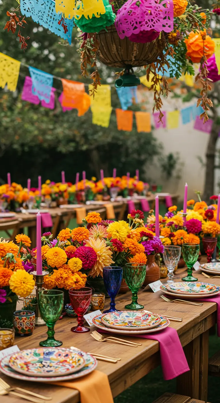 Table de fête mexicaine avec œillets d'Inde et papel picado.