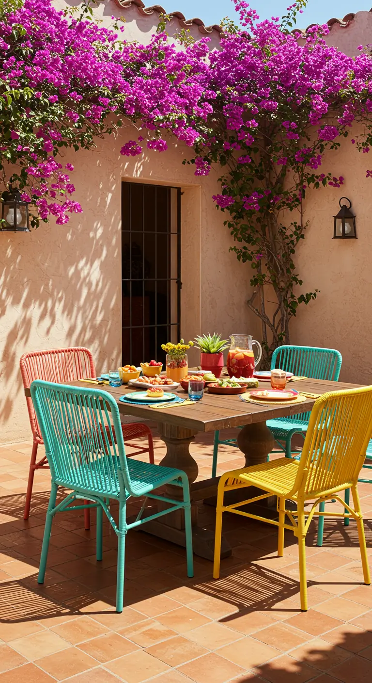 Table en bois entourée de chaises en rotin de couleurs vives sous un bougainvillier en fleurs.