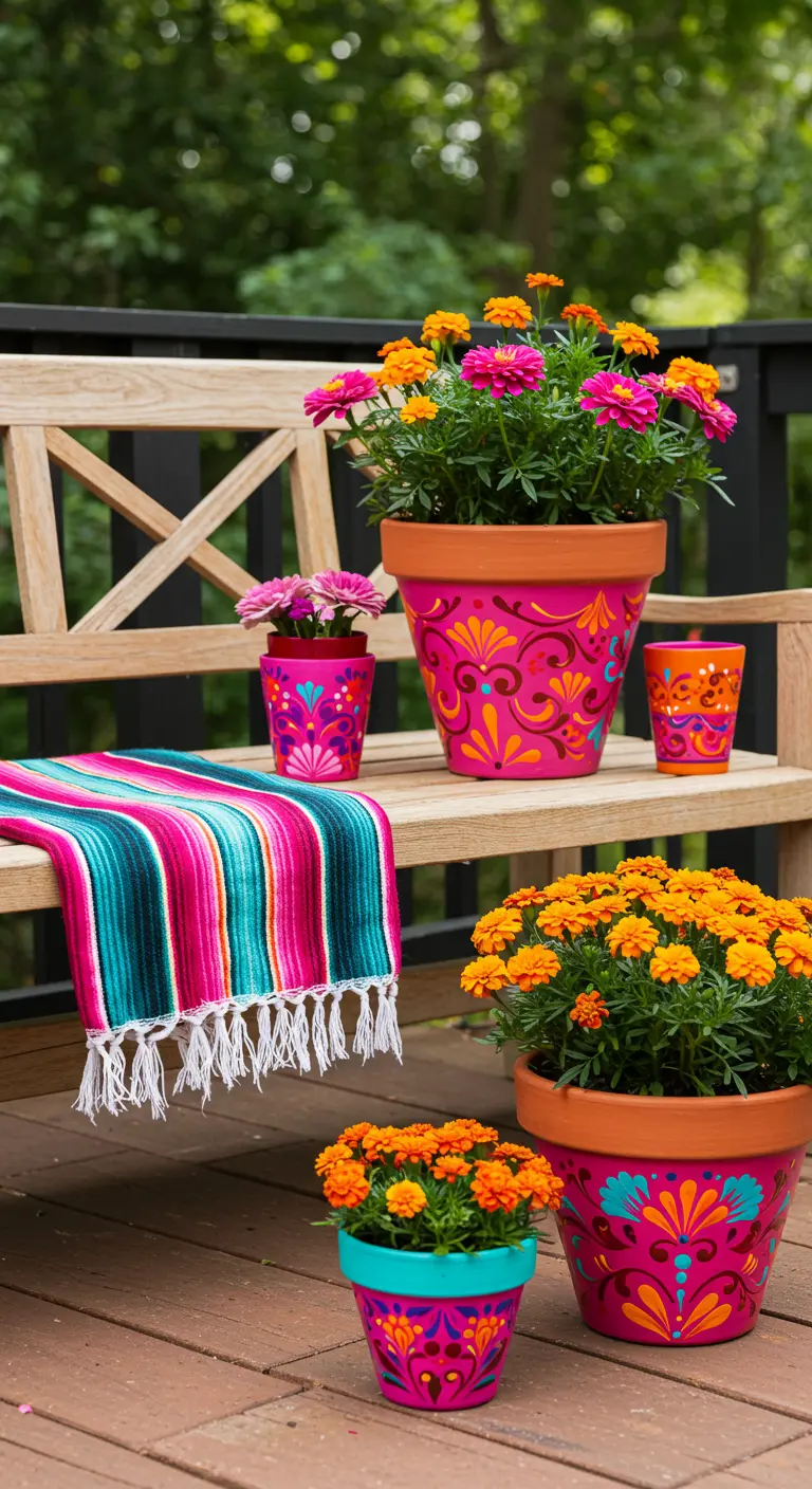 Pots de fleurs aux couleurs vives avec des motifs d'inspiration mexicaine sur un banc.
