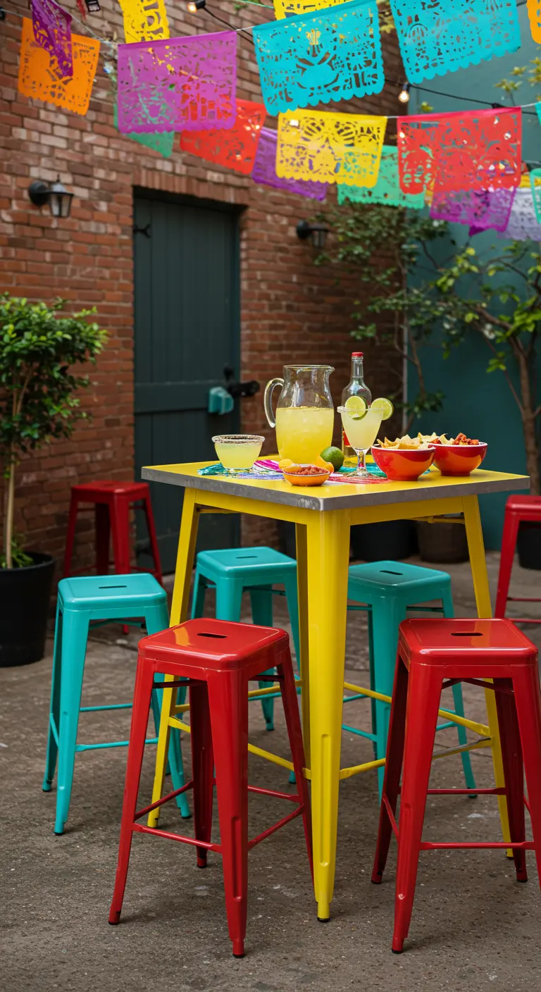 Table de bar jaune avec des tabourets en métal de différentes couleurs vives.