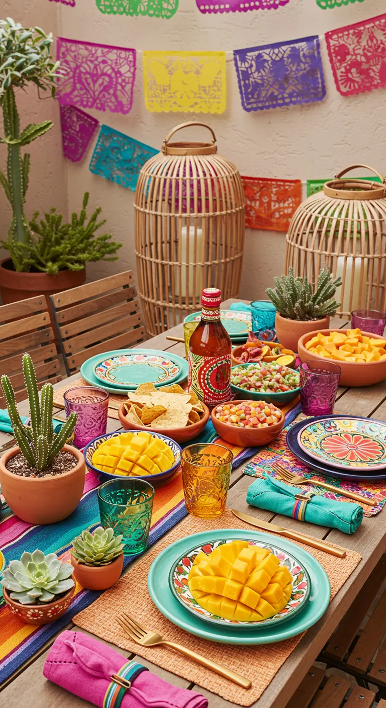 Table de fête mexicaine très colorée avec vaisselle à motifs, cactus et mangues.