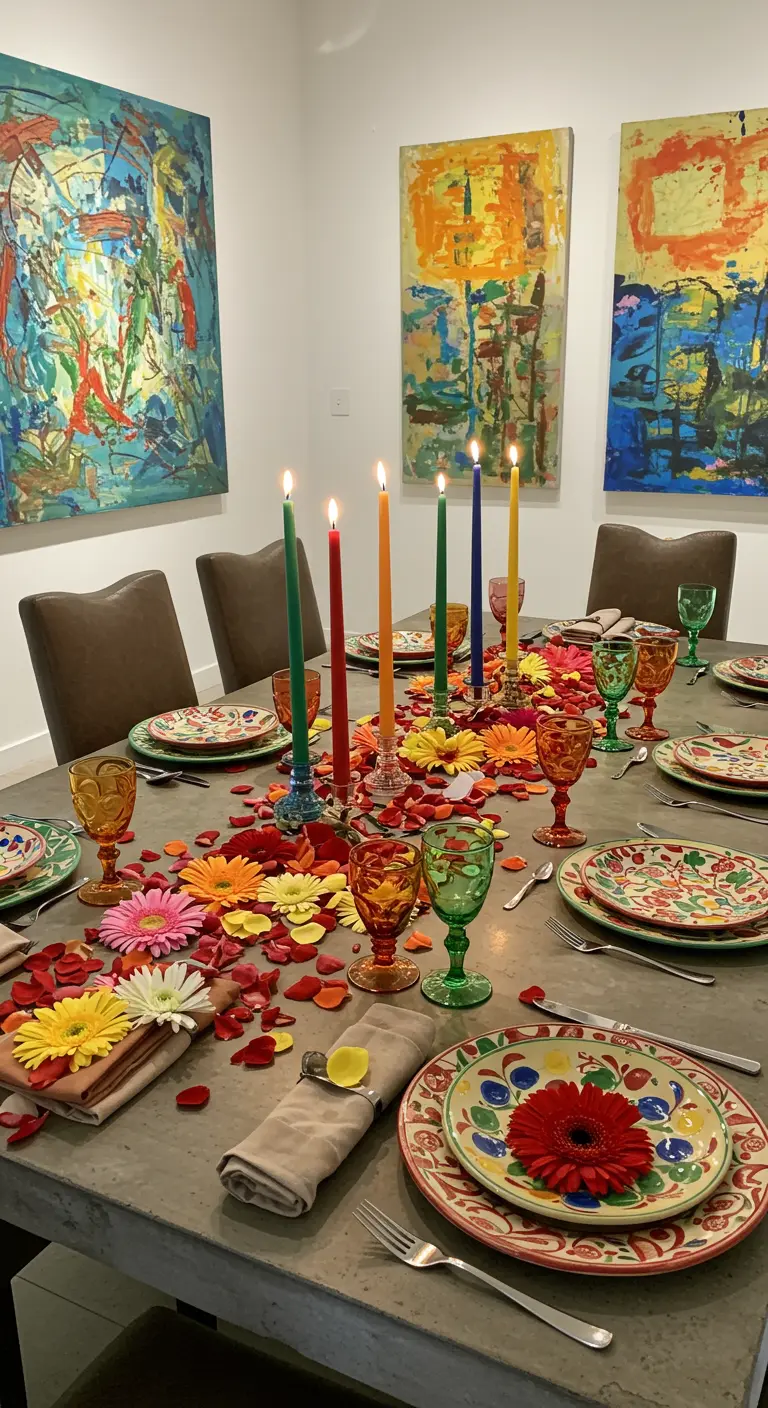 Table de fête très colorée avec de la vaisselle peinte, des bougies multicolores et des fleurs vives.