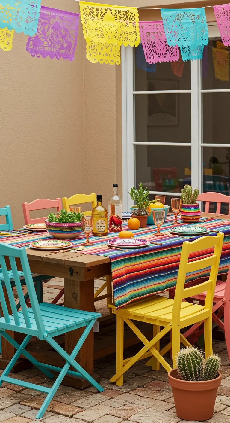 Table de fête avec des chaises de couleurs vives et des décorations mexicaines.
