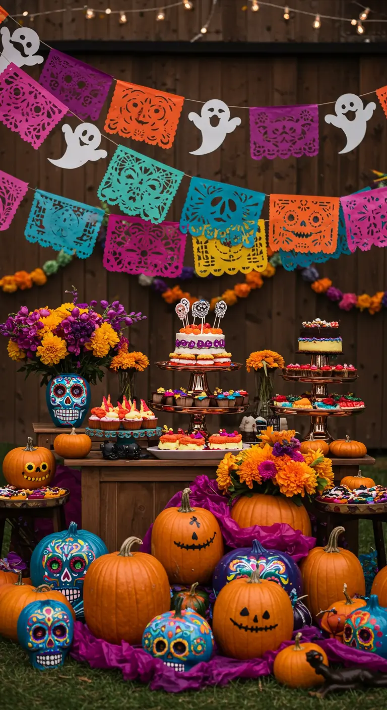 Buffet d'Halloween coloré inspiré de Dia de los Muertos.