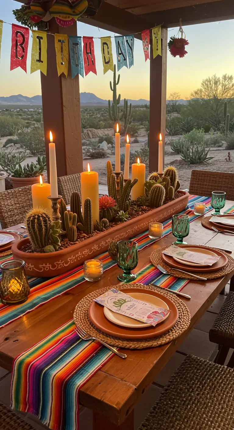 Table d'anniversaire colorée avec un grand centre de table de cactus et bougies jaunes.