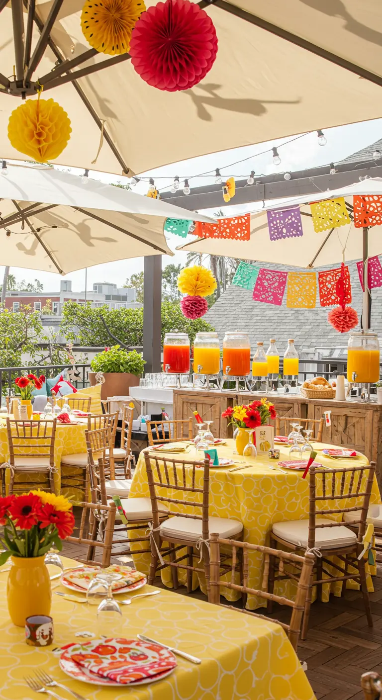 Terrasse ensoleillée avec des tables aux nappes jaunes et des lampions colorés.