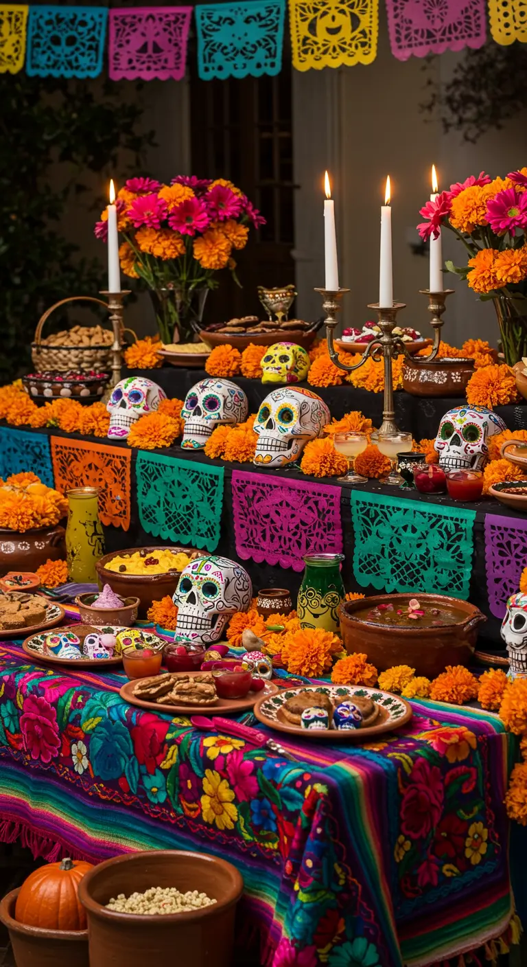 Buffet Dia de los Muertos, couleurs vives, crânes en sucre, papel picado.