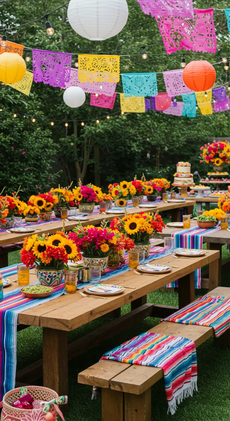 Table de fête mexicaine colorée avec tournesols, chemins de table rayés et papel picado en extérieur.