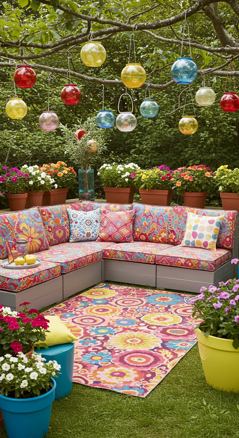 Canapé d'extérieur très coloré avec des motifs floraux, entouré de fleurs en pots.