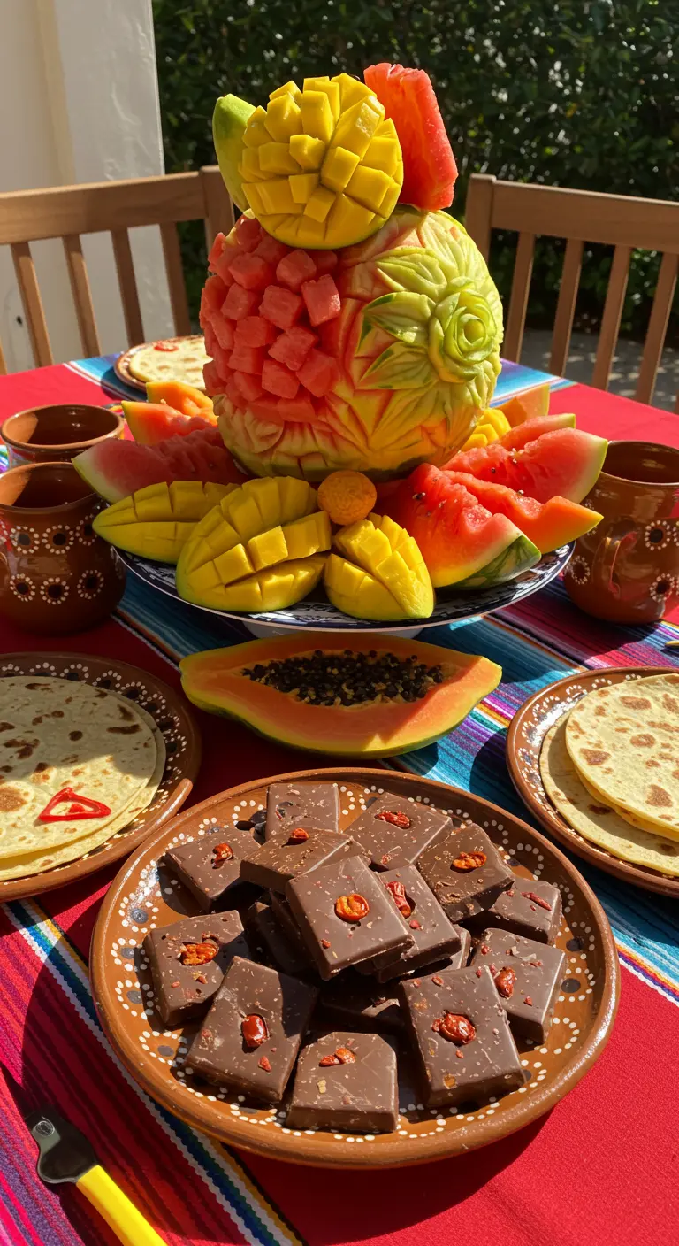 Table de fête mexicaine avec pastèque sculptée, fruits exotiques et chocolats épicés.