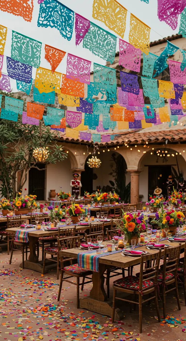 Patio mexicain décoré de fanions Papel Picado, tables fleuries et confettis.