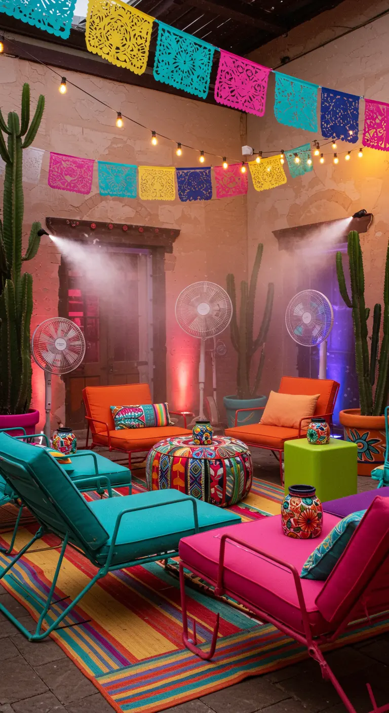 Patio mexicain coloré avec guirlandes, chaises vives, cactus, ventilateurs et brumisateurs.