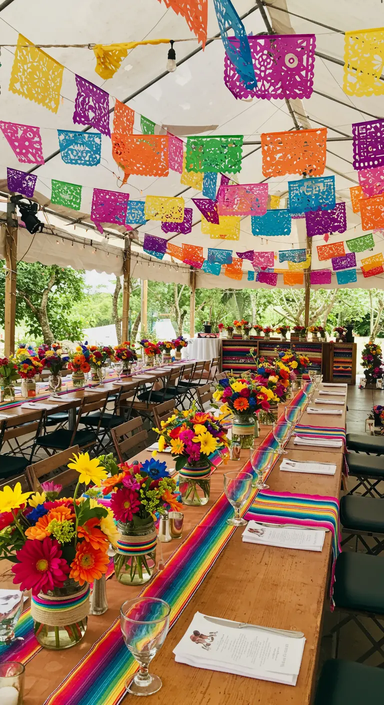 Tente de réception colorée avec papel picado, chemin de table arc-en-ciel et fleurs vives en bocaux.