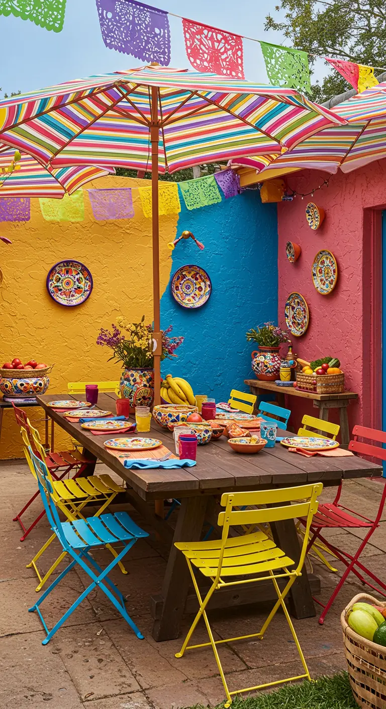 Table en bois, chaises colorées, parasol rayé, murs peints vifs, papel picado sur un patio festif.