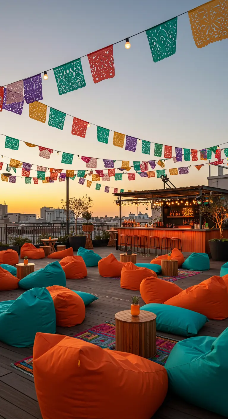 Rooftop mexicain avec guirlandes papel picado, poufs orange et turquoise, bar en bois.