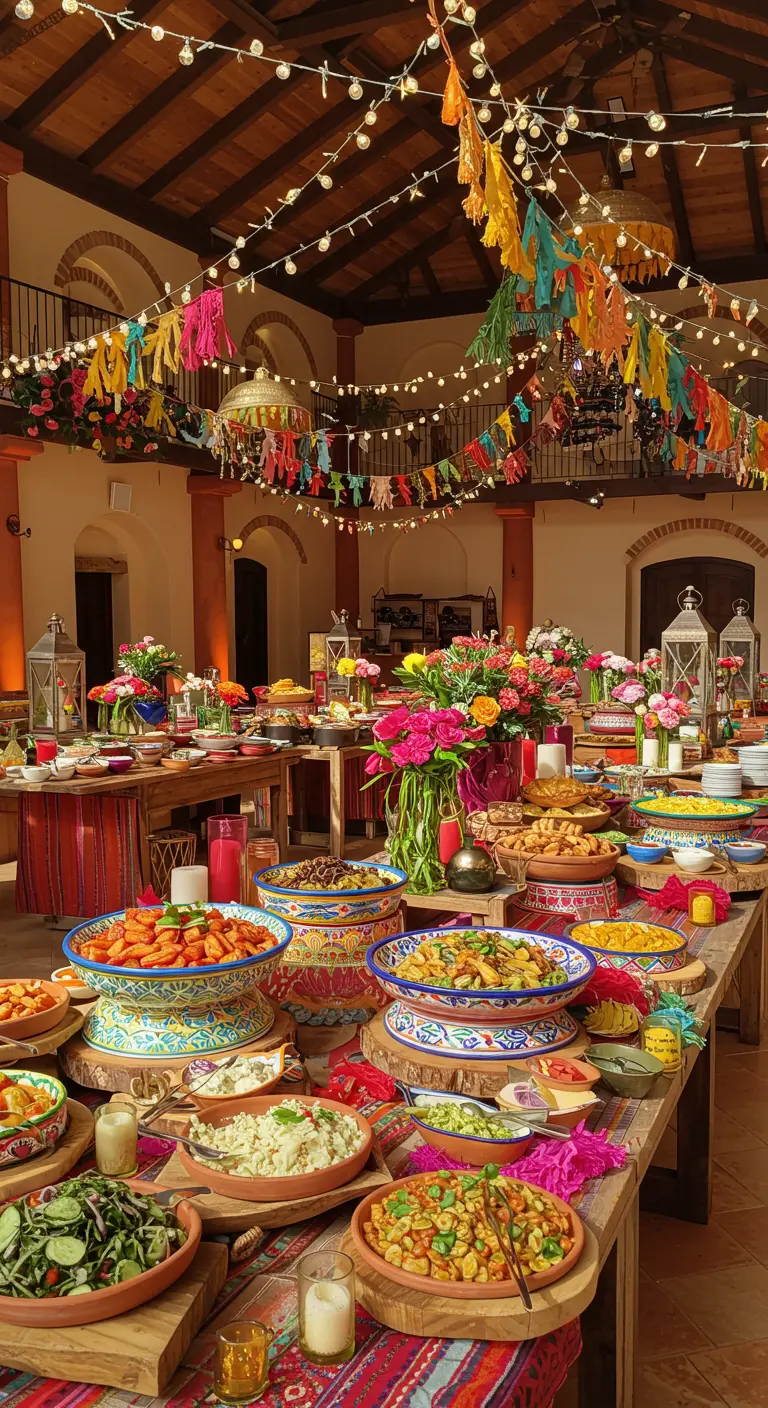 Buffet de fête mexicain, guirlandes de papel picado, poteries colorées, ambiance joyeuse.