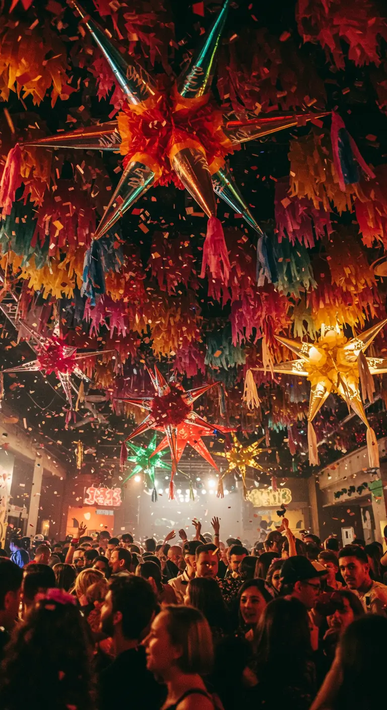 Plafond couvert d'étoiles piñatas multicolores pendant une fête bondée.