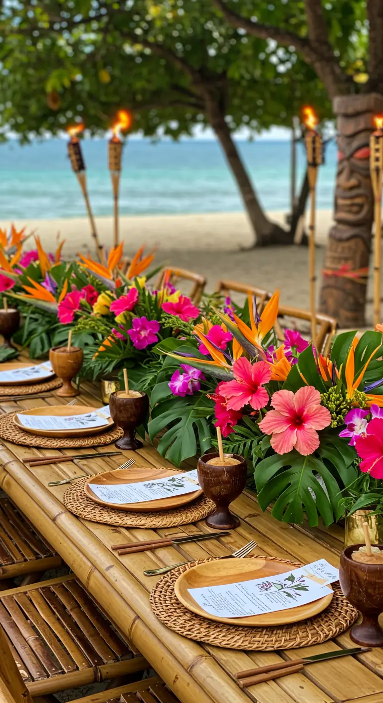 Table tropicale sur la plage avec hibiscus et feuilles de palmier.