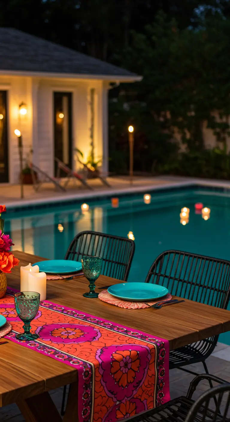 Table au bord d'une piscine avec un chemin de table rose et orange vif.