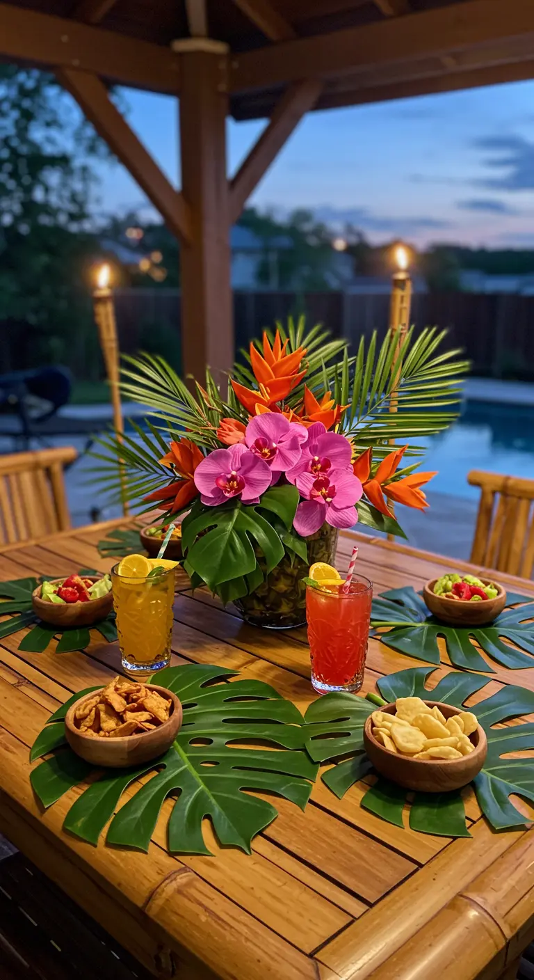 Table de jardin tropicale avec un ananas en guise de vase et des feuilles de Monstera