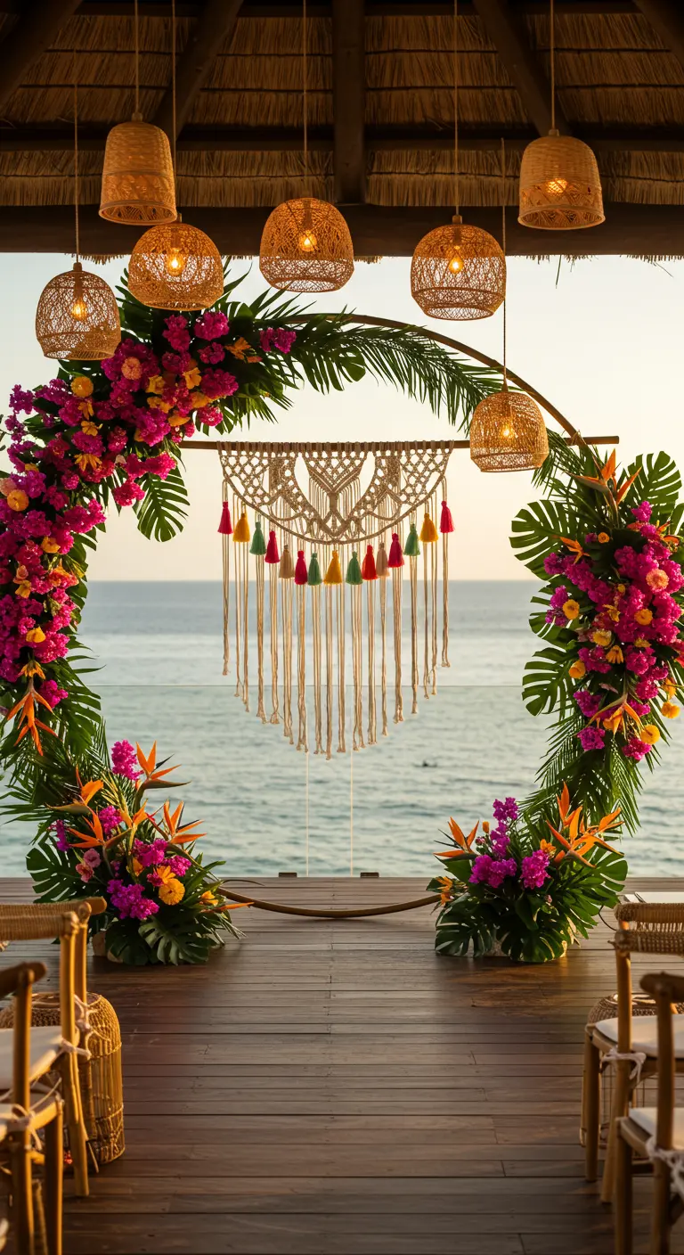 Arche circulaire tropicale avec macramé à pompons colorés et fleurs fuchsia.