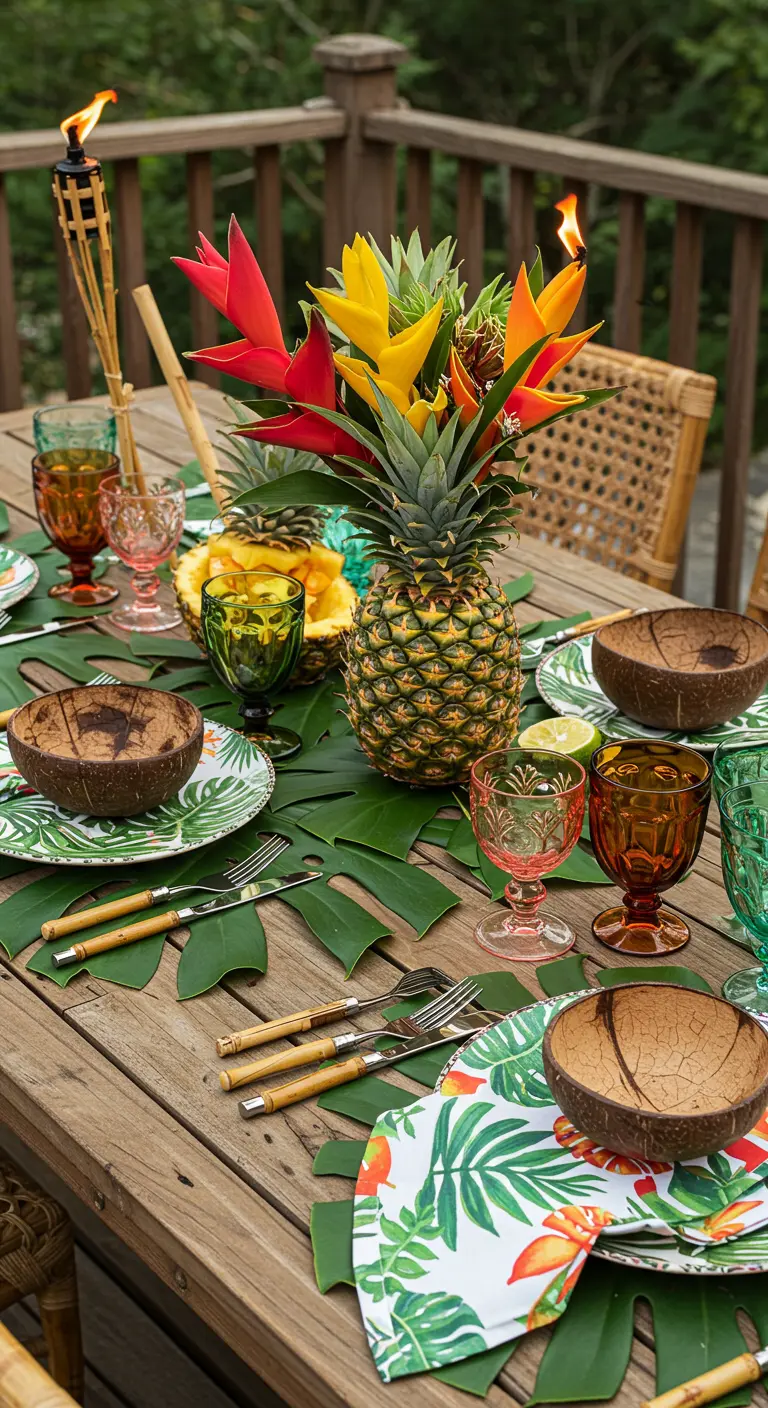 Table tropicale avec un ananas en centre de table, des feuilles de monstera et des bols en coco.