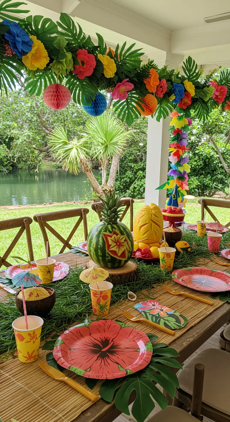 Table de fête hawaïenne avec guirlande de fleurs, pastèque sculptée et vaisselle tropicale.