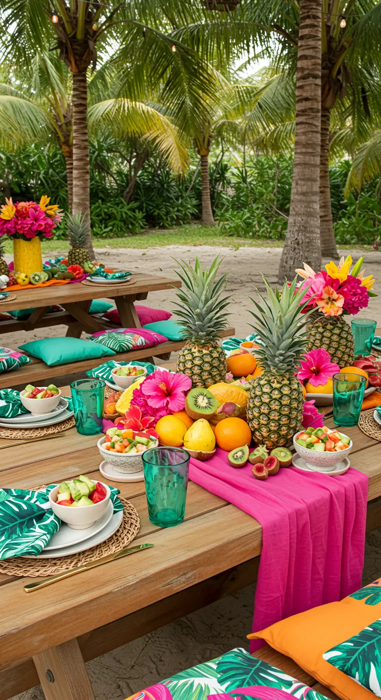 Table de pique-nique tropicale avec nappe rose, ananas, fruits, coussins à motifs palmiers, sous des cocotiers.
