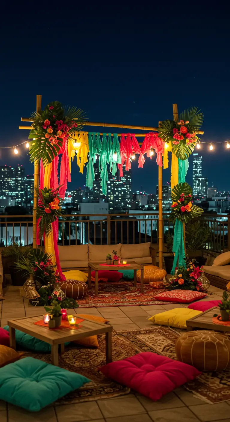 Arche de mariage tropicale sur un toit-terrasse avec bambou, tissus vifs, fleurs exotiques et vue sur la ville.