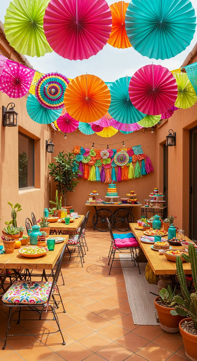 Guirlandes de pompons et fanions colorés pour une fiesta mexicaine en extérieur.