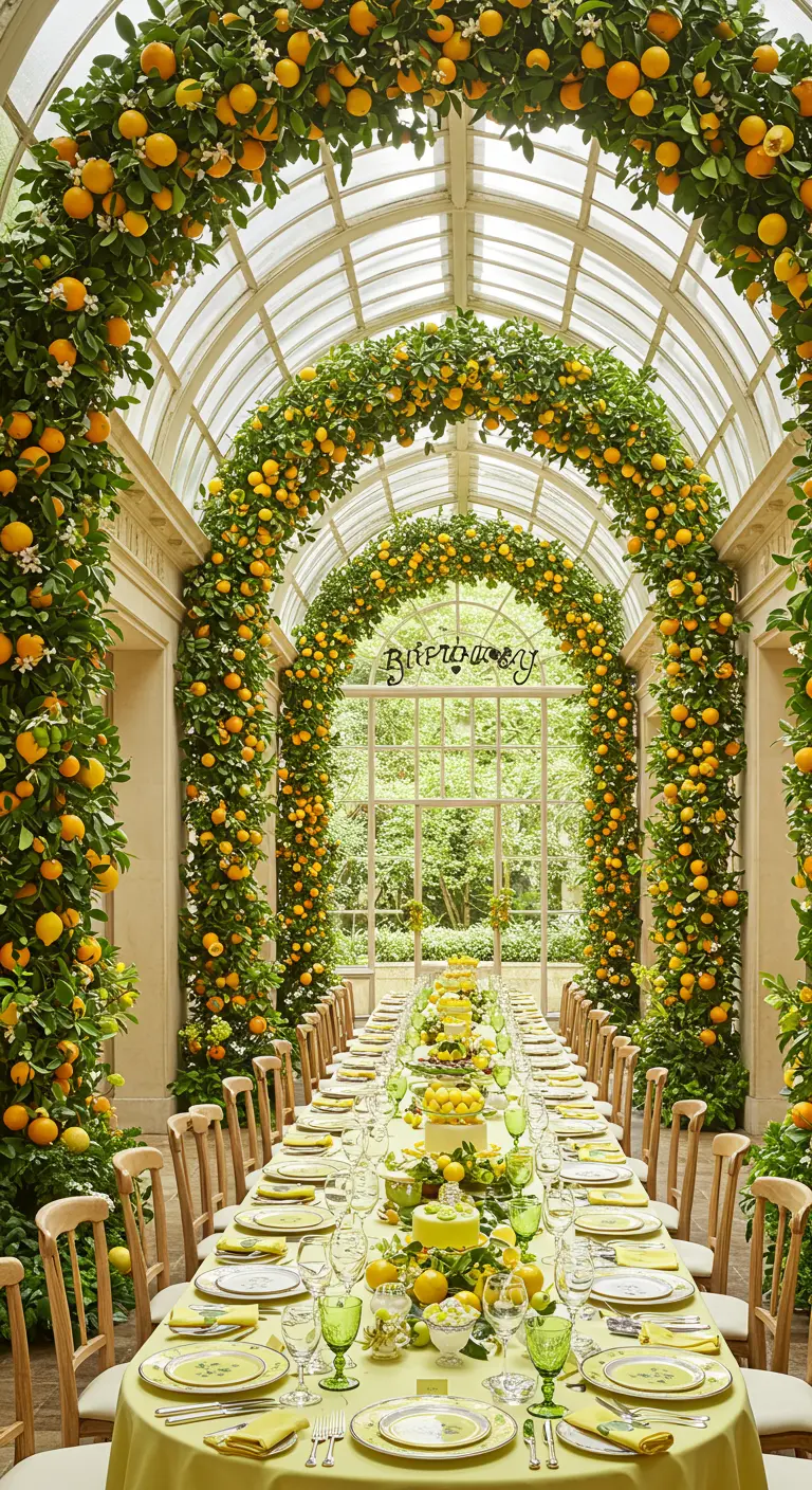 Longue table dans une serre sous des arches luxuriantes de citrons et de feuillage.