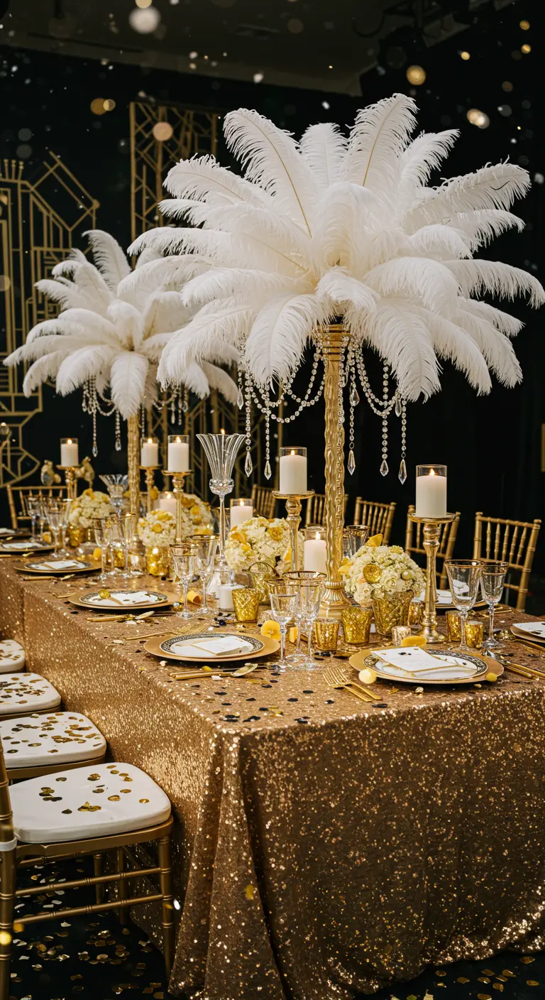 Table de réception opulente avec nappe à paillettes dorées et centres de table en plumes.