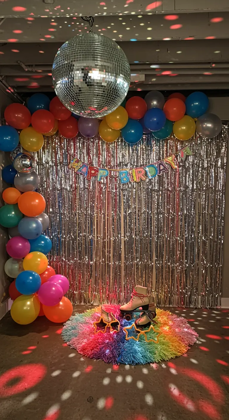 Photobooth thème disco avec boule à facettes, rideau argenté et ballons multicolores.