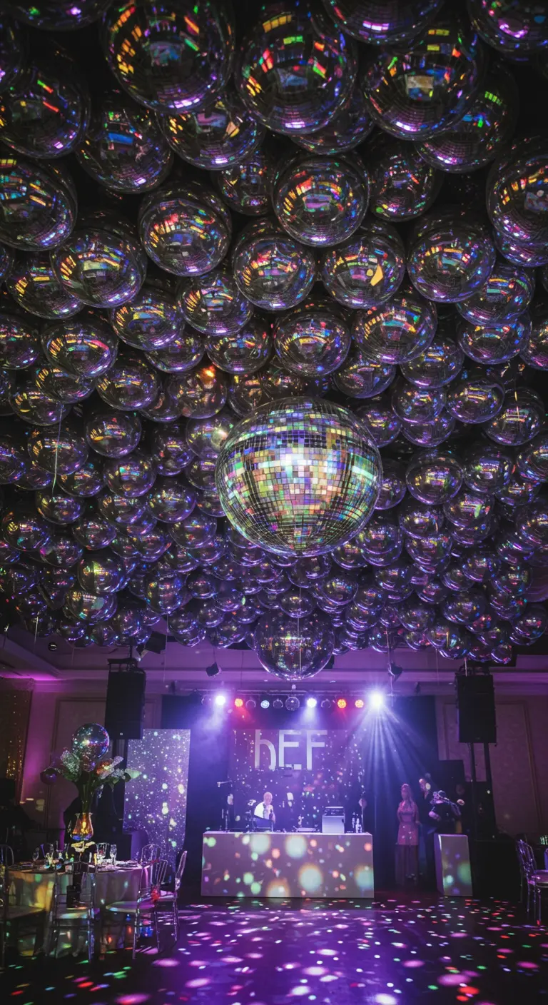Plafond entièrement couvert de ballons argentés en forme de boules à facettes.