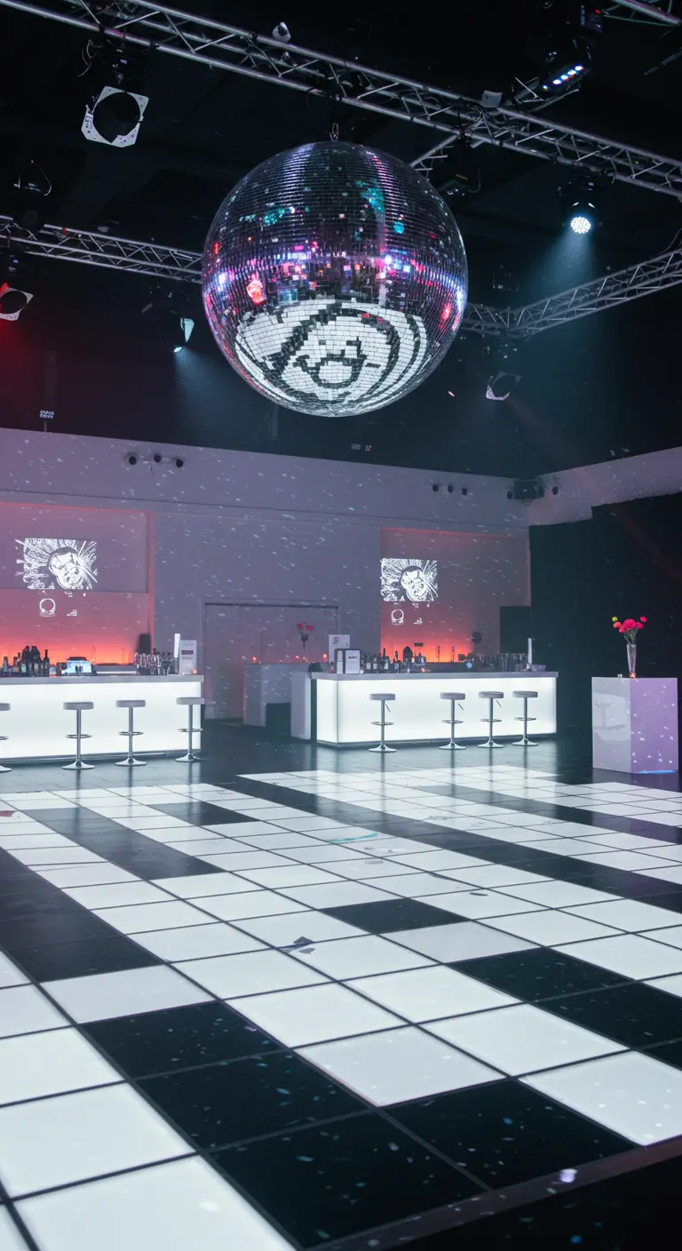 Piste de danse en damier noir et blanc sous une boule à facettes.