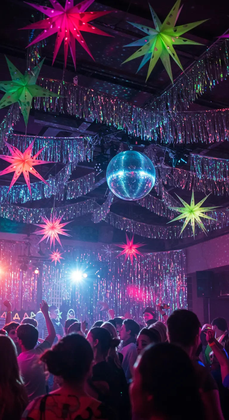 Boule à facettes entourée d'étoiles colorées et de guirlandes argentées.