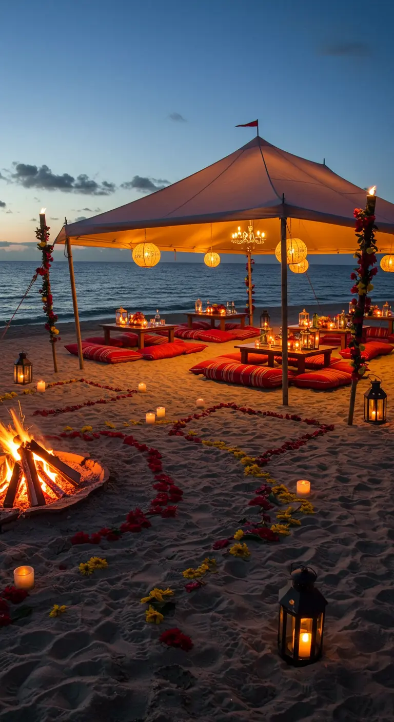 Fête sur la plage au crépuscule avec un feu de camp, des lanternes et une tente.