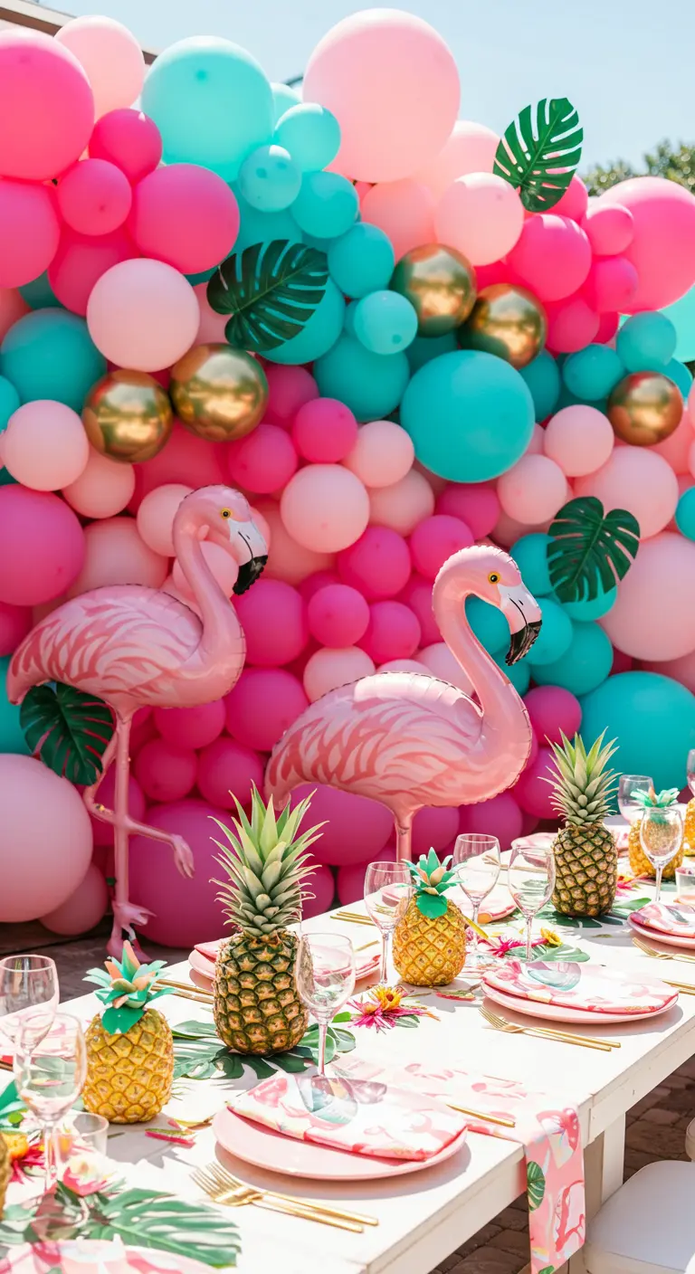 Mur de ballons rose et turquoise avec des flamants roses géants.