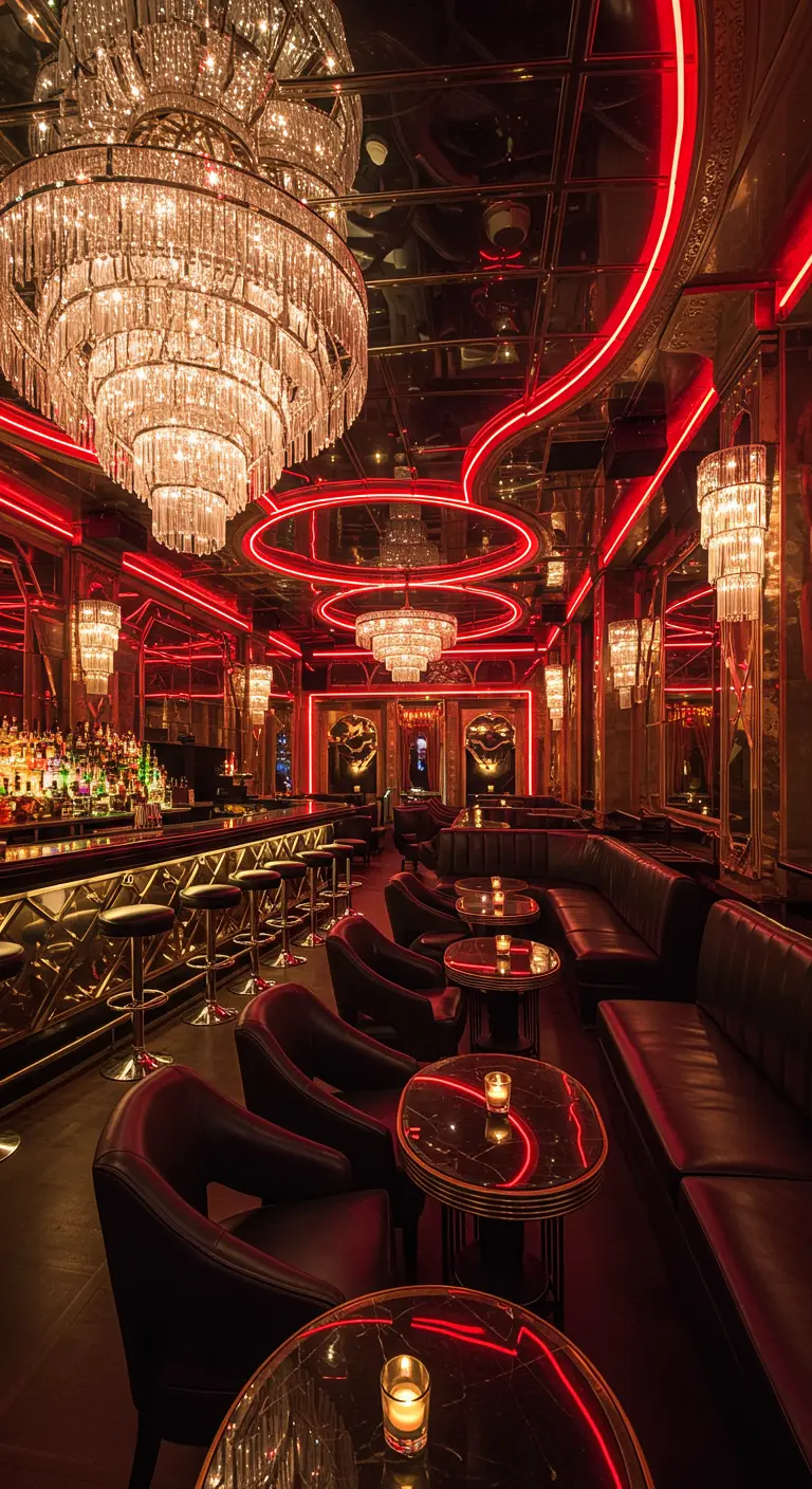 Bar moderne avec néons rouges, miroirs au plafond et grands lustres en cristal.
