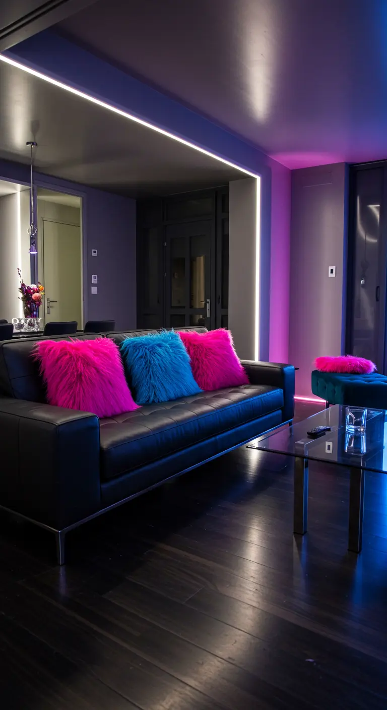 Canapé en cuir noir avec des coussins en fausse fourrure rose et bleu fluo.