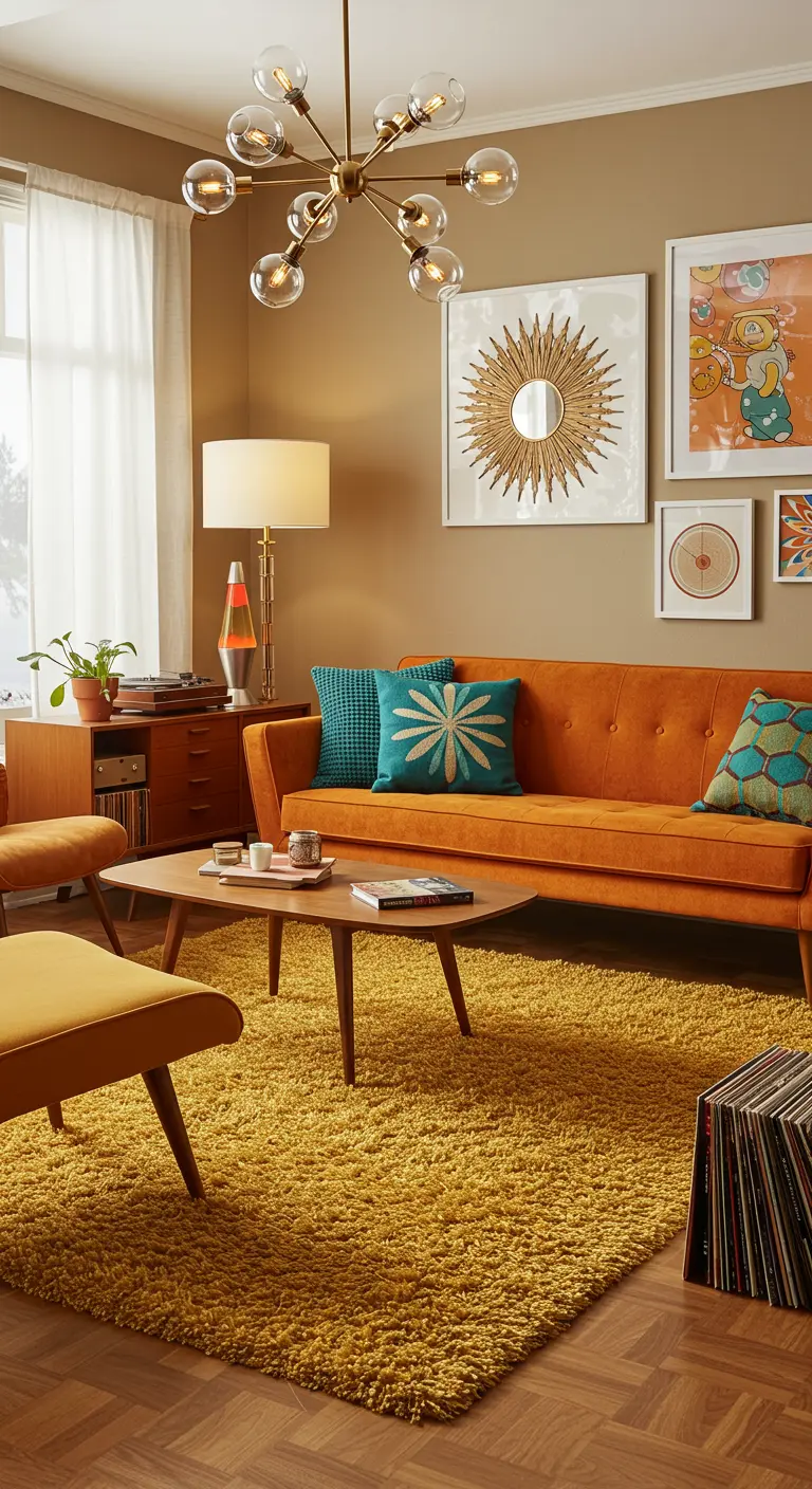 Salon rétro avec canapé orange, tapis jaune moutarde, coussins turquoise et lustre Sputnik.