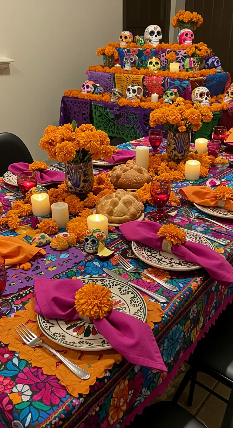 Table colorée pour le Jour des Morts avec fleurs et têtes de mort.