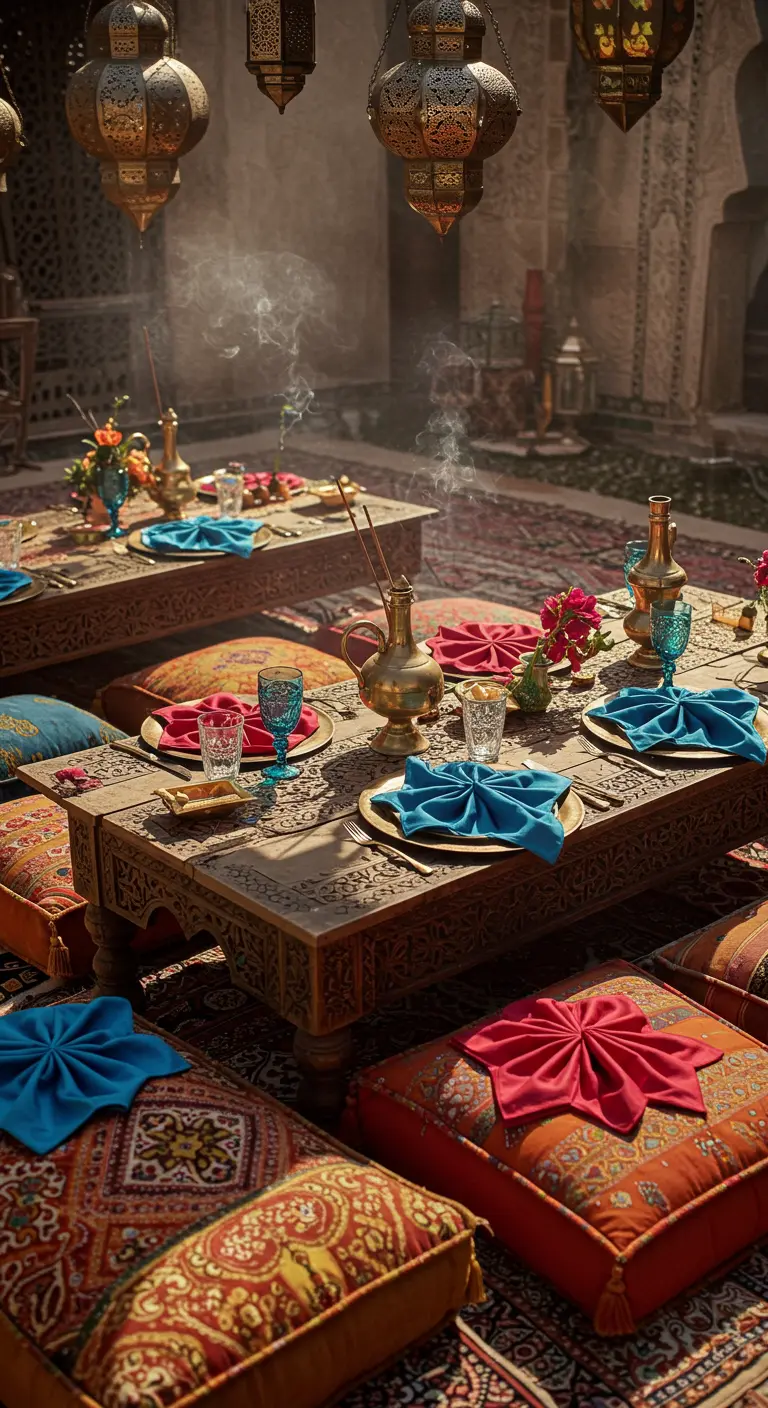 Table basse orientale avec coussins au sol et lanternes.