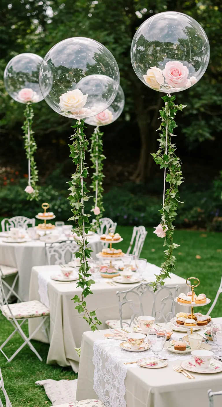 Ballons transparents avec une rose à l'intérieur et du lierre qui pend, flottant au-dessus des tables.