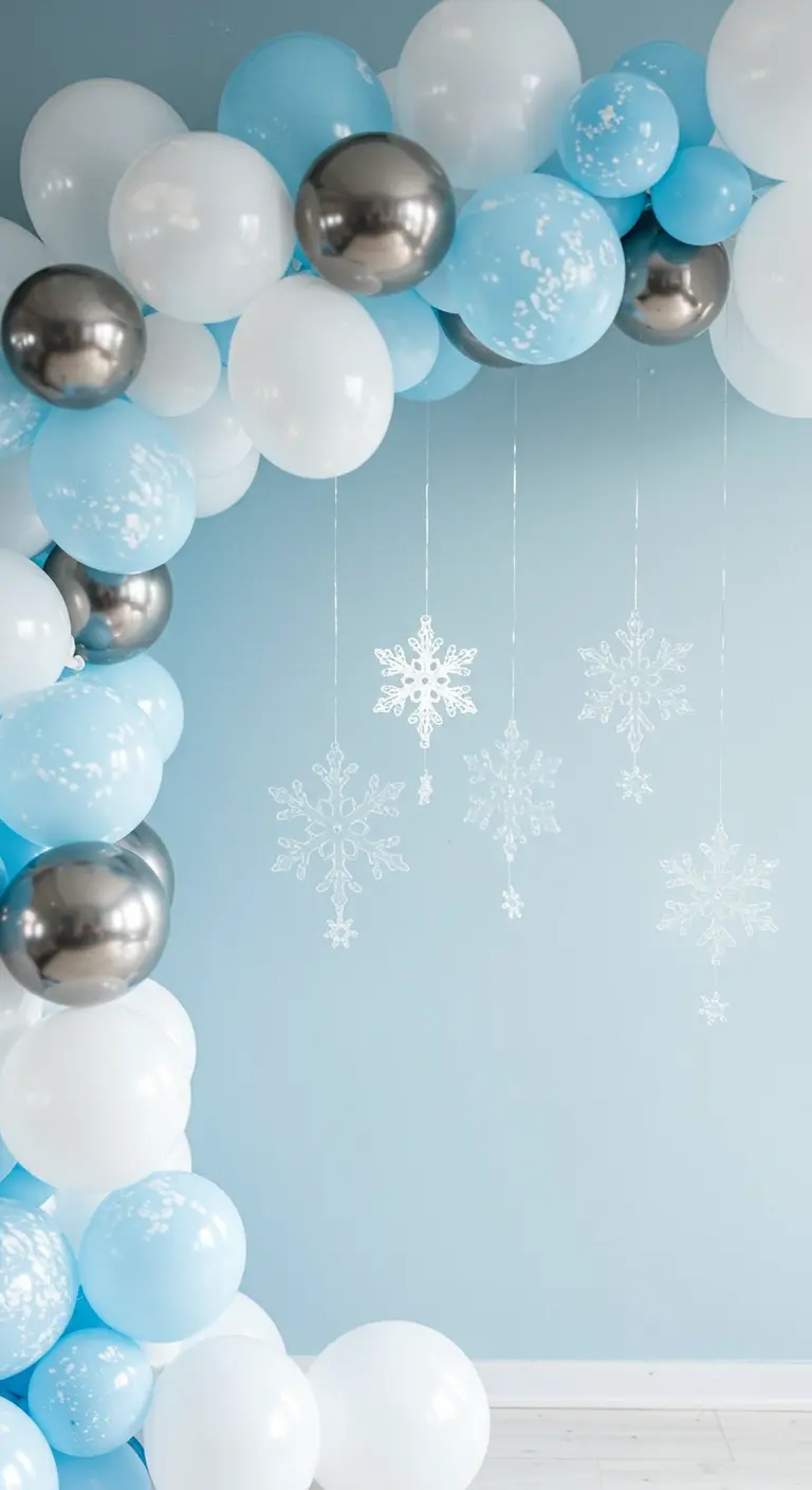 Arche de ballons bleus, blancs et argentés avec des flocons de neige suspendus.