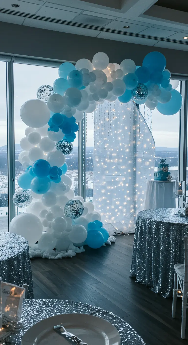 Arche de ballons blanc et bleu avec des lumières LED, ambiance hivernale.