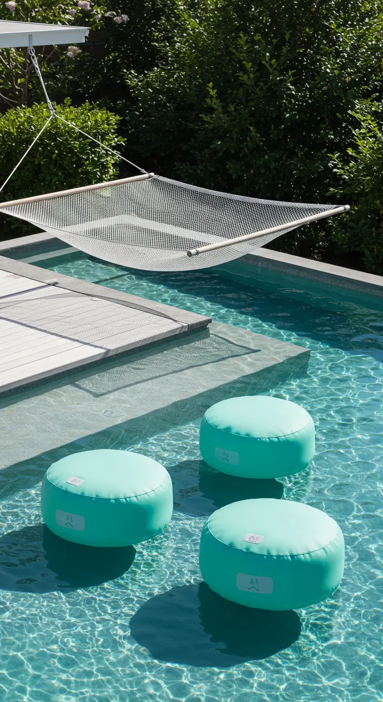 Hamac en filet suspendu au-dessus d'une piscine avec des poufs flottants.
